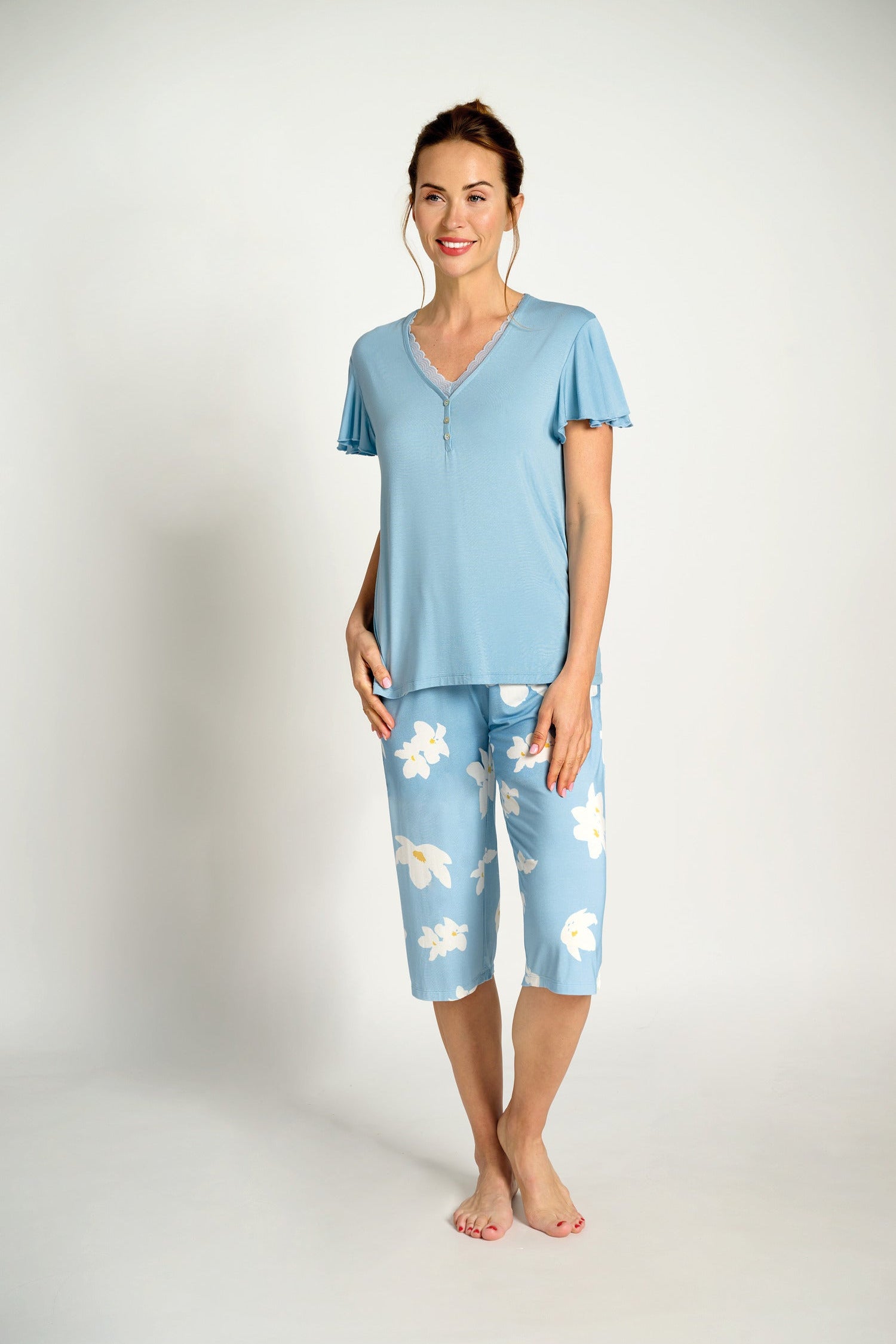 Pyjama Capri pour femme à fleurs bleues | MUYDEMI