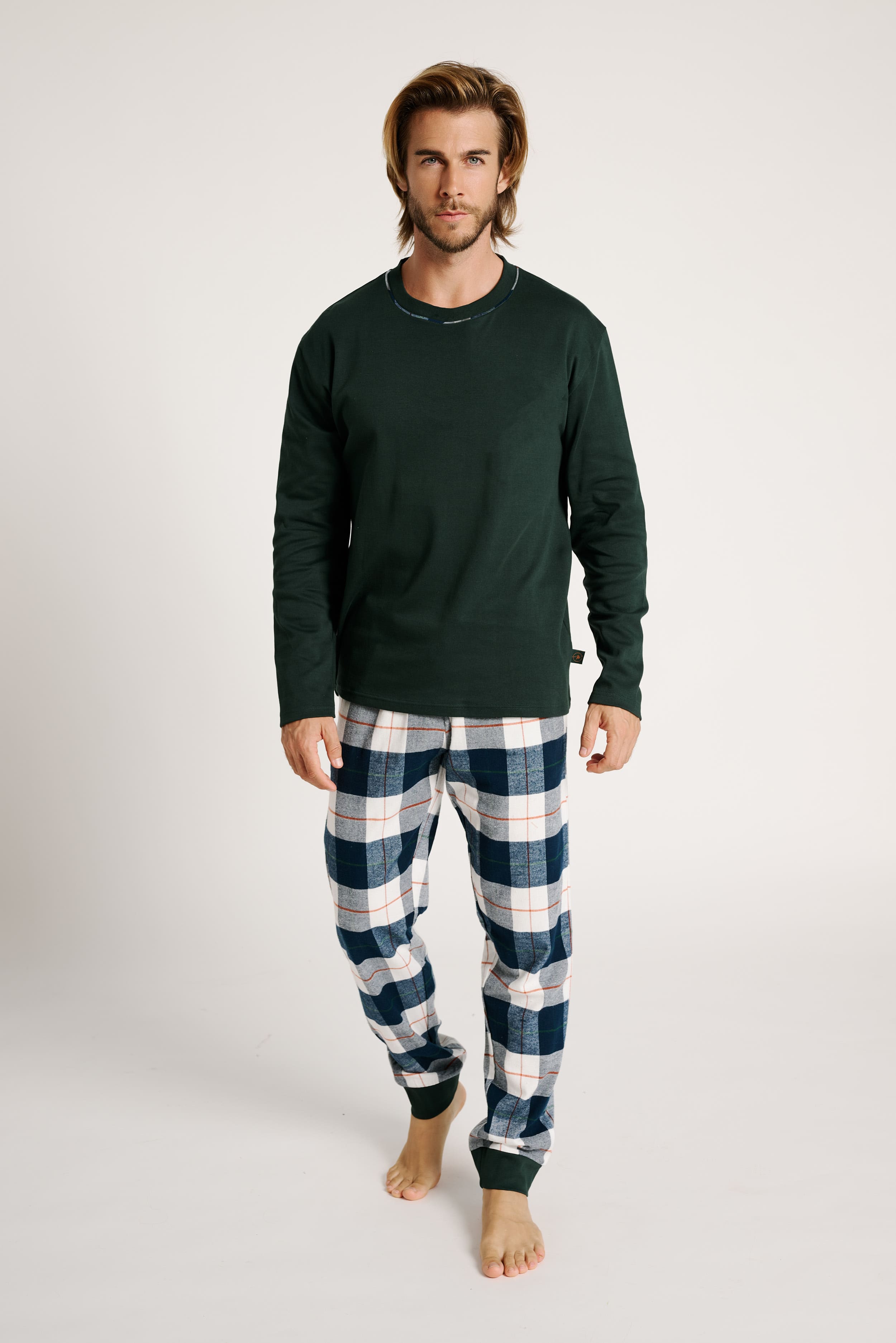Pyjama long pour homme avec surpiqûres décoratives et imprimé à carreaux | MUYDEMI