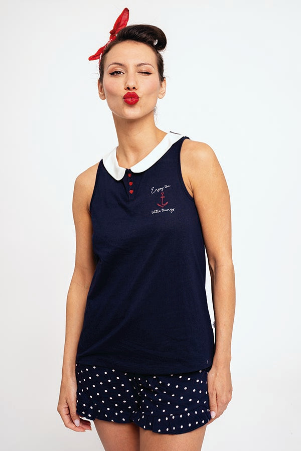 Pyjama marin court en coton femme | MUYDEMI