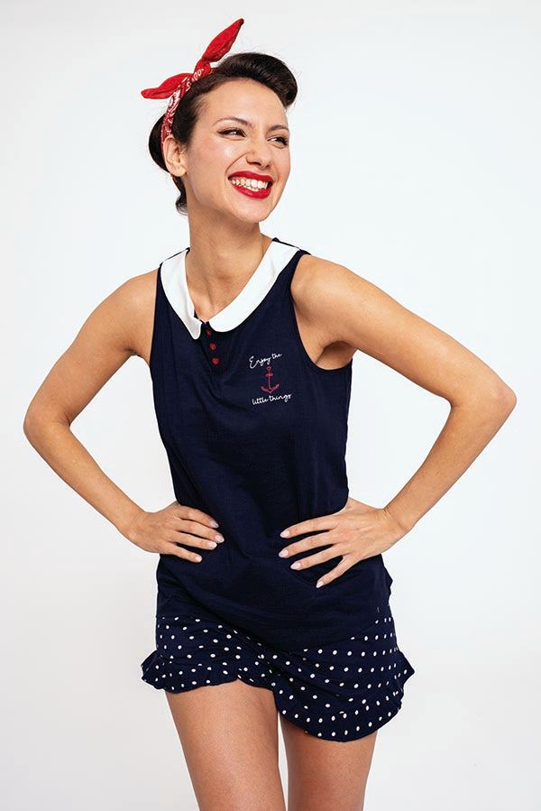 Pyjama marin court en coton femme | MUYDEMI