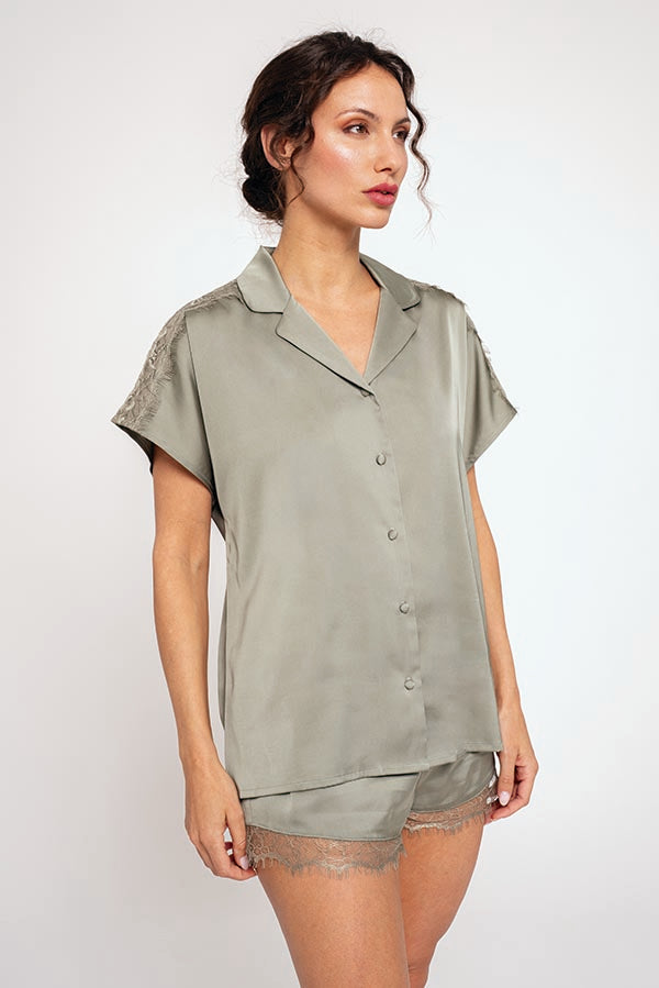 Pyjama court femme en satin vert | MUYDEMI