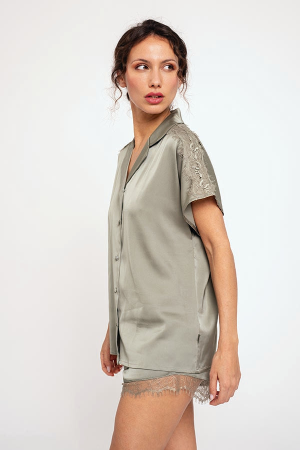 Pyjama court femme en satin vert | MUYDEMI