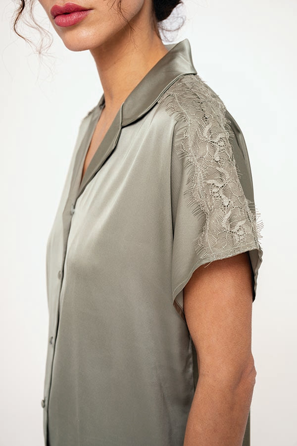 Pyjama court femme en satin vert | MUYDEMI