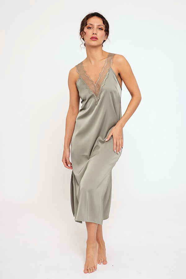 Chemise de nuit femme midi satin vert MUYDEMI
