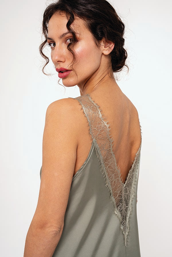 Chemise de nuit femme midi satin vert | MUYDEMI