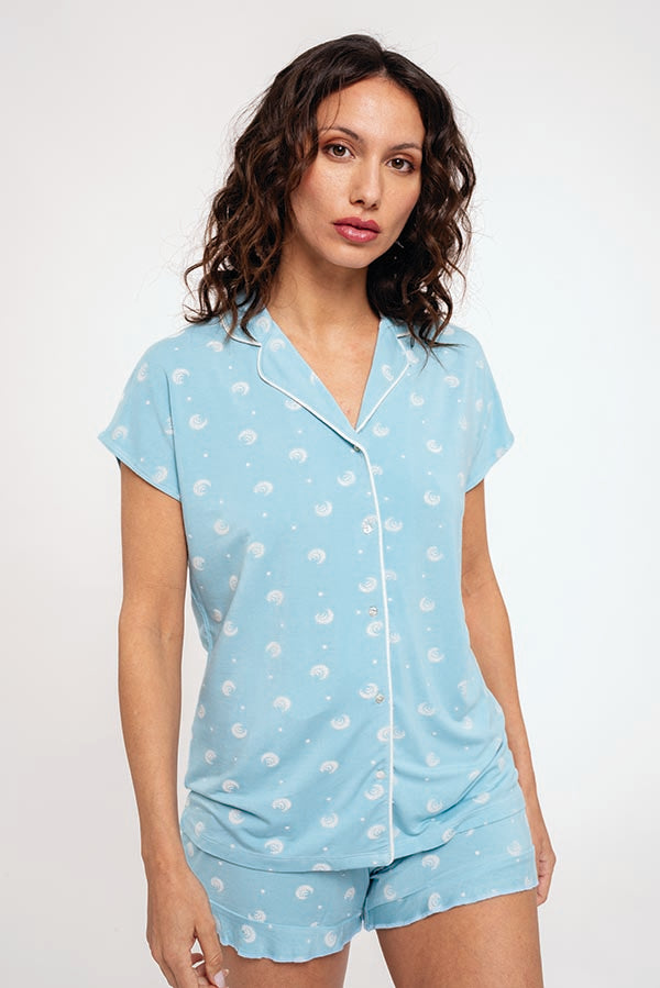 Pyjama femme court boutonné imprimé bleu | MUYDEMI