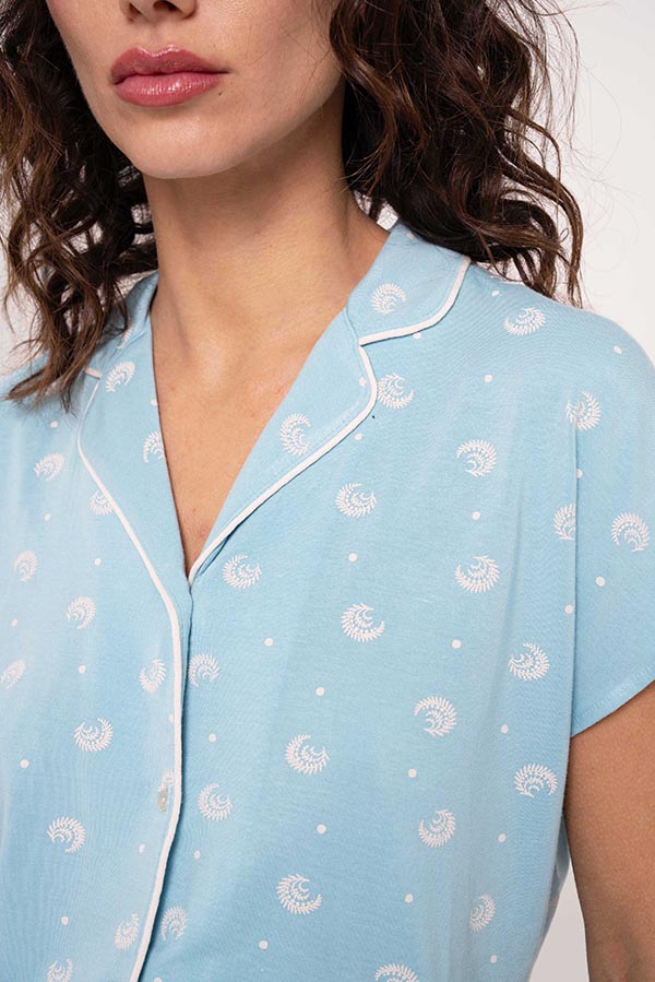 Pyjama femme court boutonné imprimé bleu | MUYDEMI