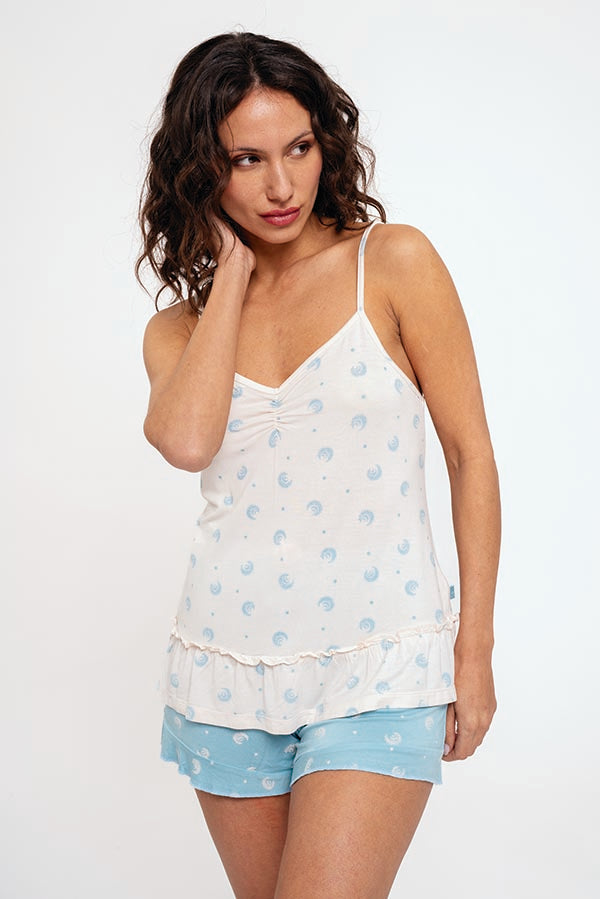 Pyjama court femme imprimé détail volants | MUYDEMI