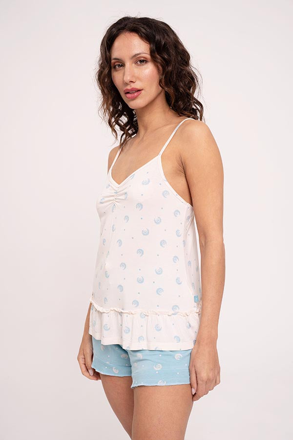 Pyjama court femme imprimé détail volants | MUYDEMI
