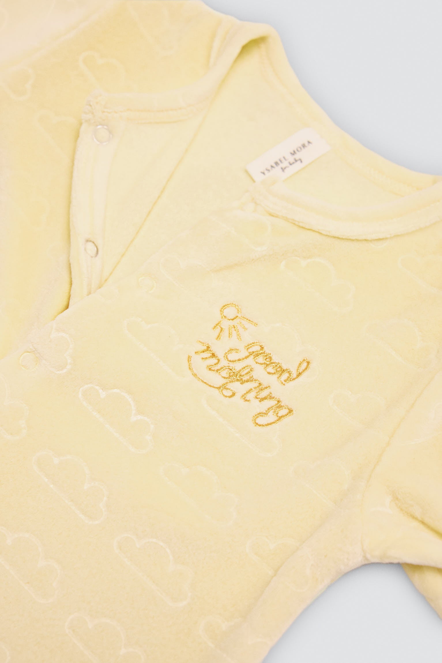 Pelele bebé terciopelo estampado nubes Good morning - Ysabel Mora