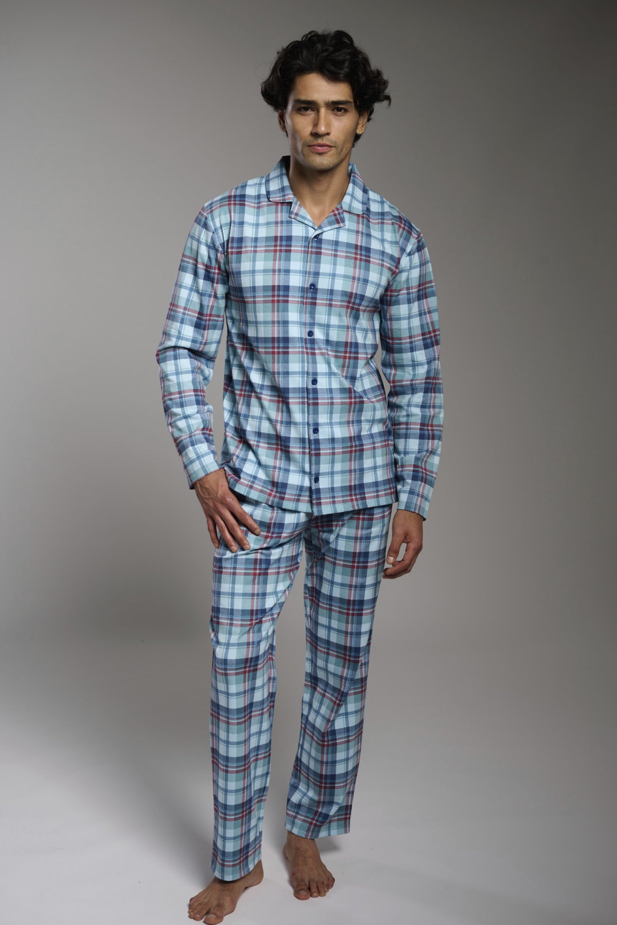 Pyjama chemise long homme coton à carreaux