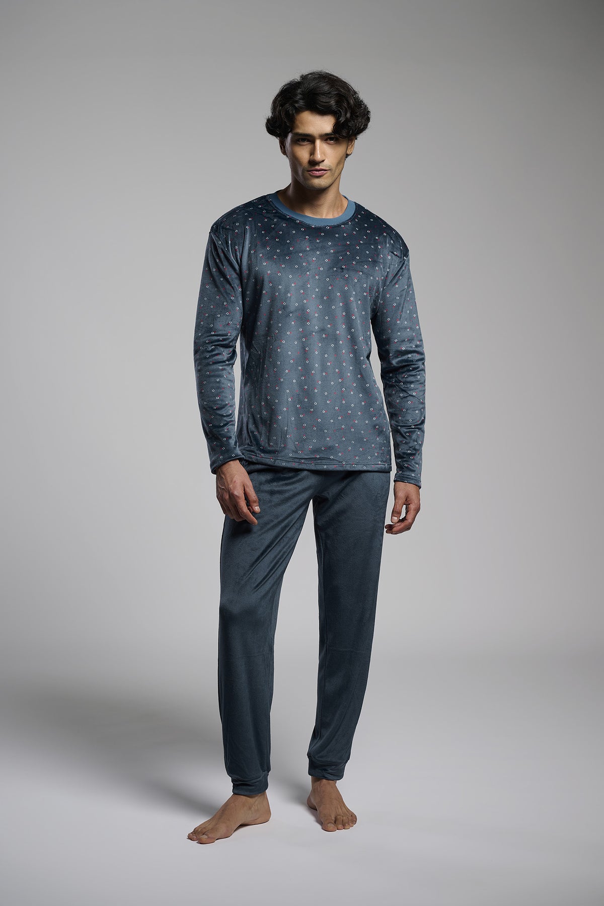 Pyjama long homme velours imprimé carrés