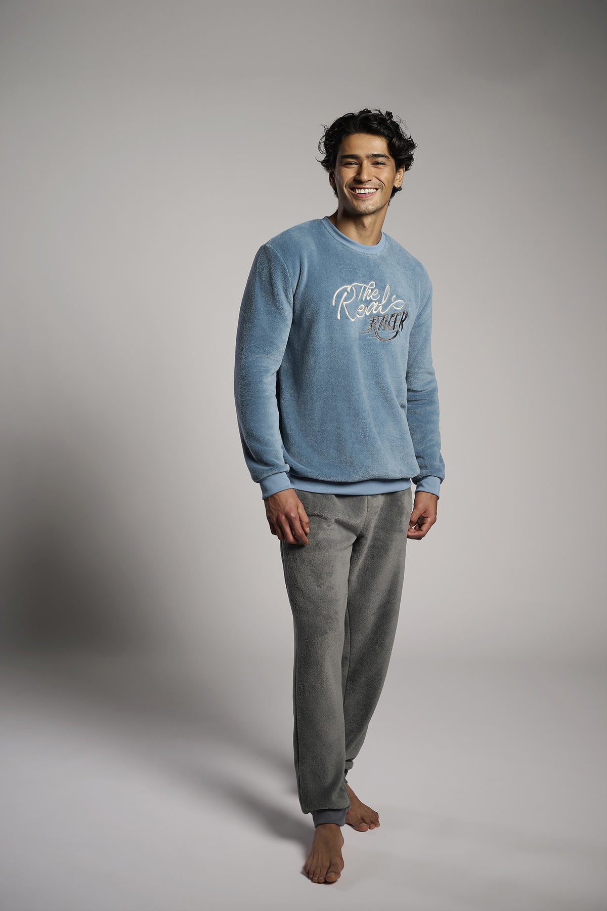 Pyjama long homme polaire corail bleu et gris The Real Racer