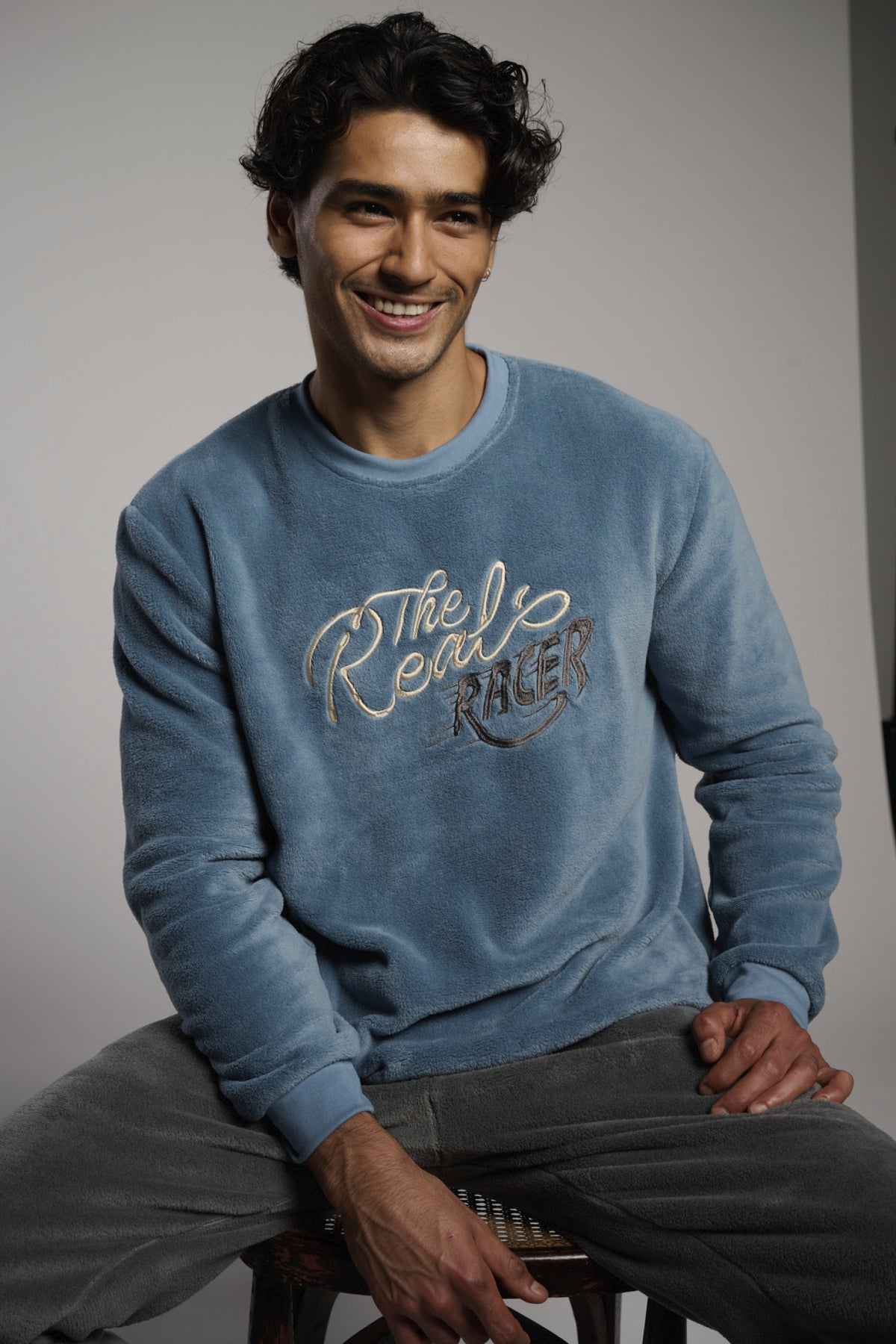 Pyjama long homme polaire corail bleu et gris The Real Racer