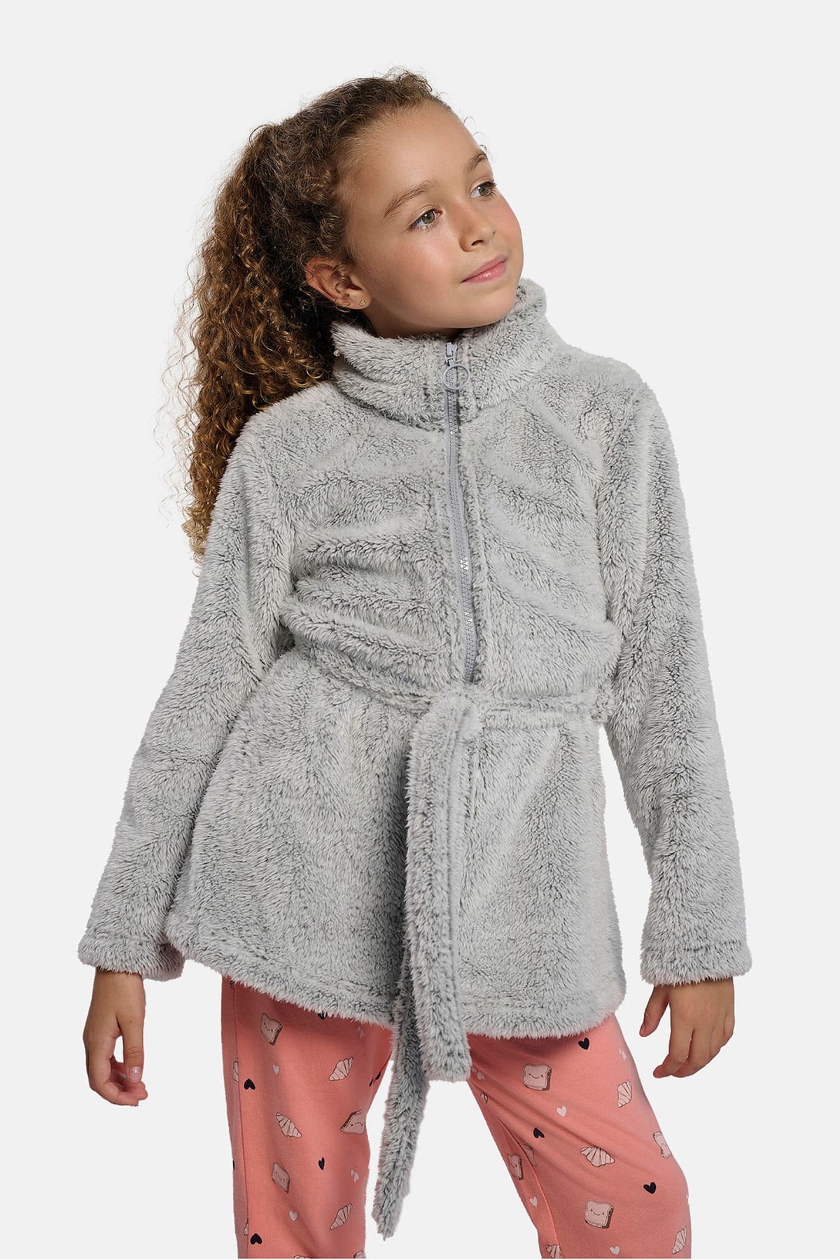 Peignoir fille polaire corail gris avec ceinture