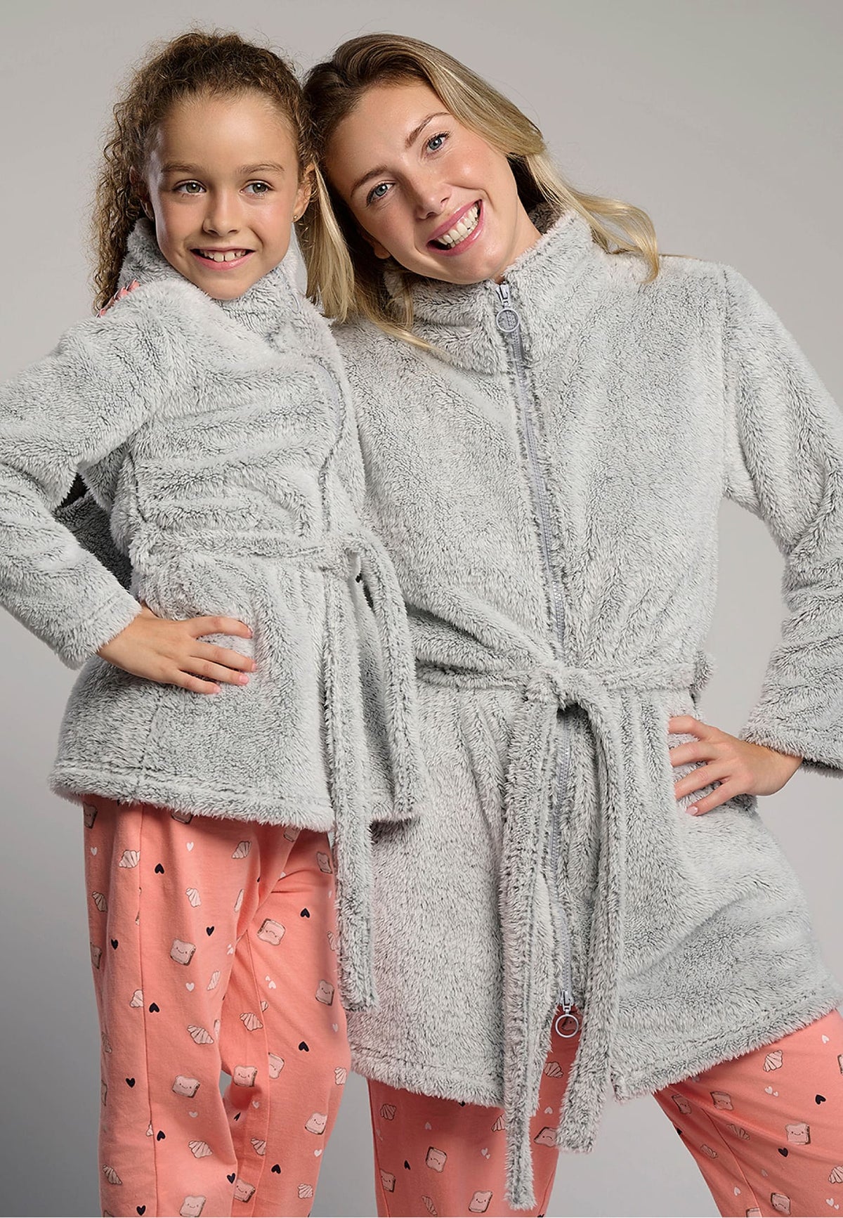 Peignoir fille polaire corail gris avec ceinture