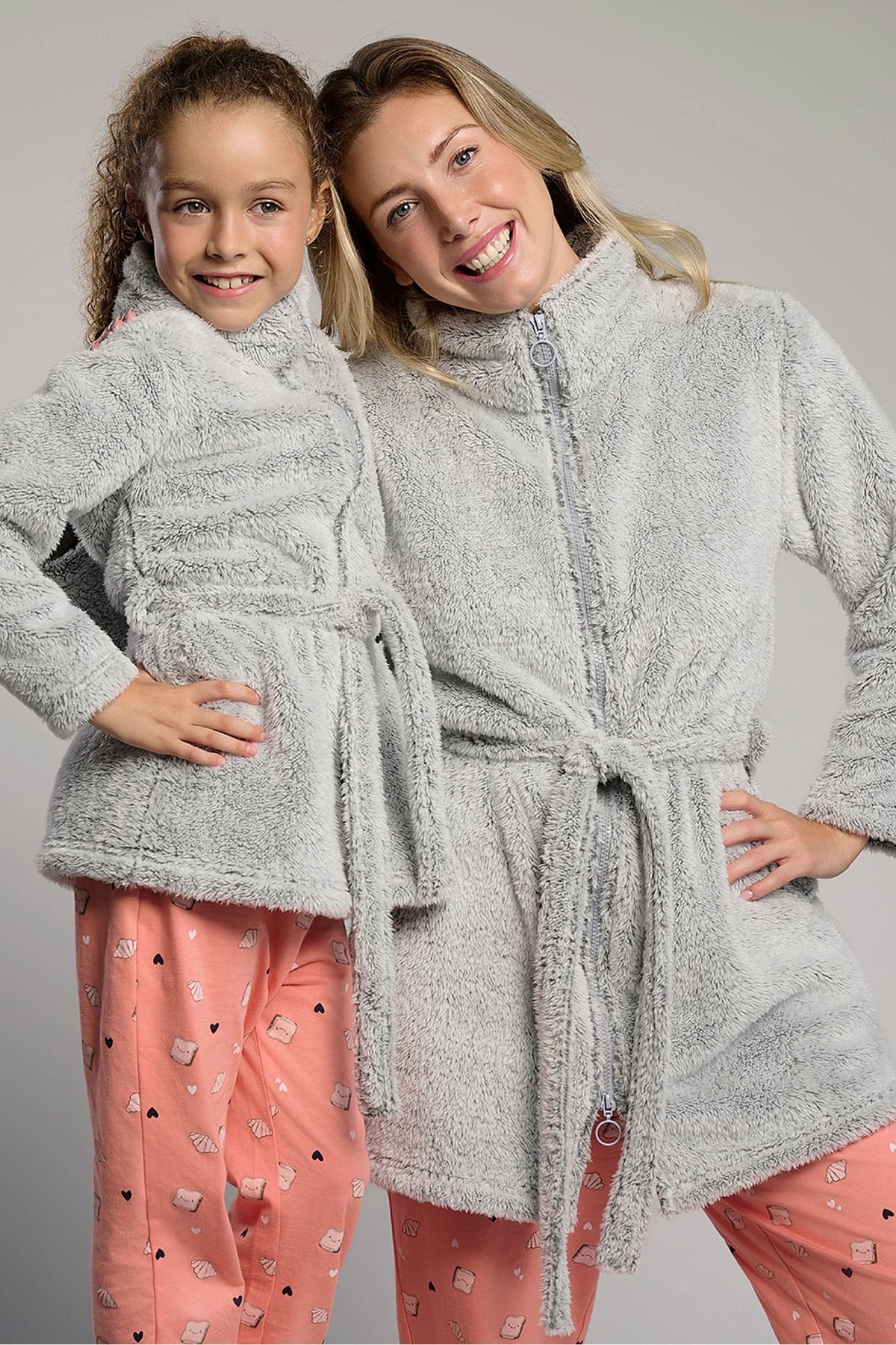 Peignoir fille polaire corail gris avec ceinture