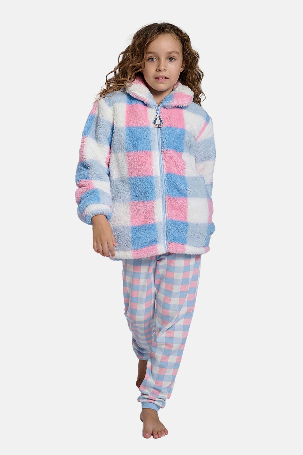 Peignoir fille polaire sherpa à carreaux fermeture zippée