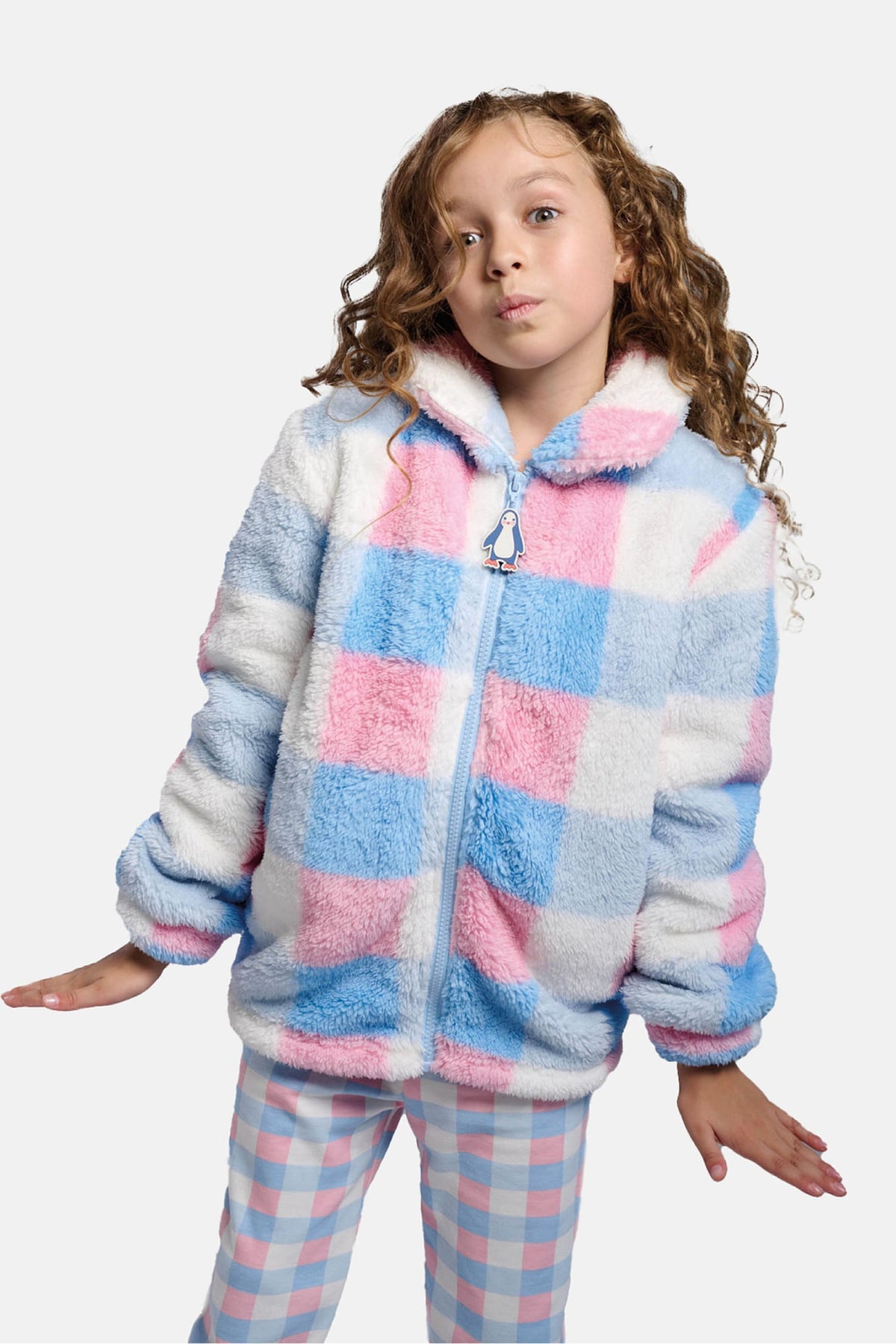 Peignoir fille polaire sherpa à carreaux fermeture zippée
