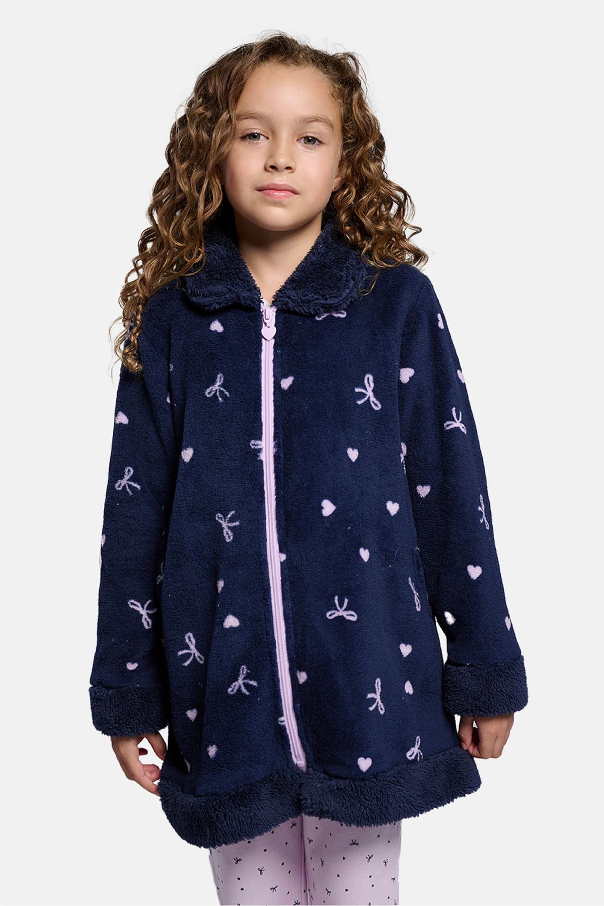 Peignoir fille polaire sherpa imprimé nœuds et cœurs fermeture zippée