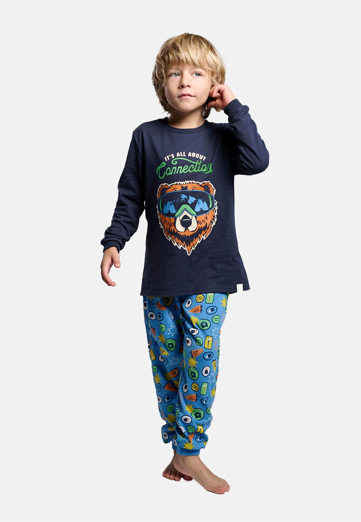 Pyjama long garçon coton It's all about connection imprimé ours