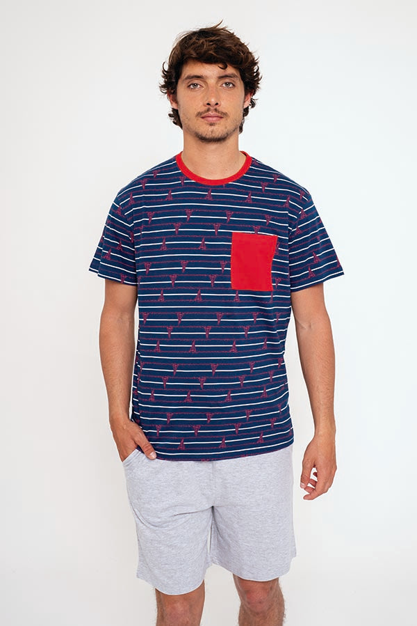 Pyjama marin court en coton avec poche homme | MUYDEMI