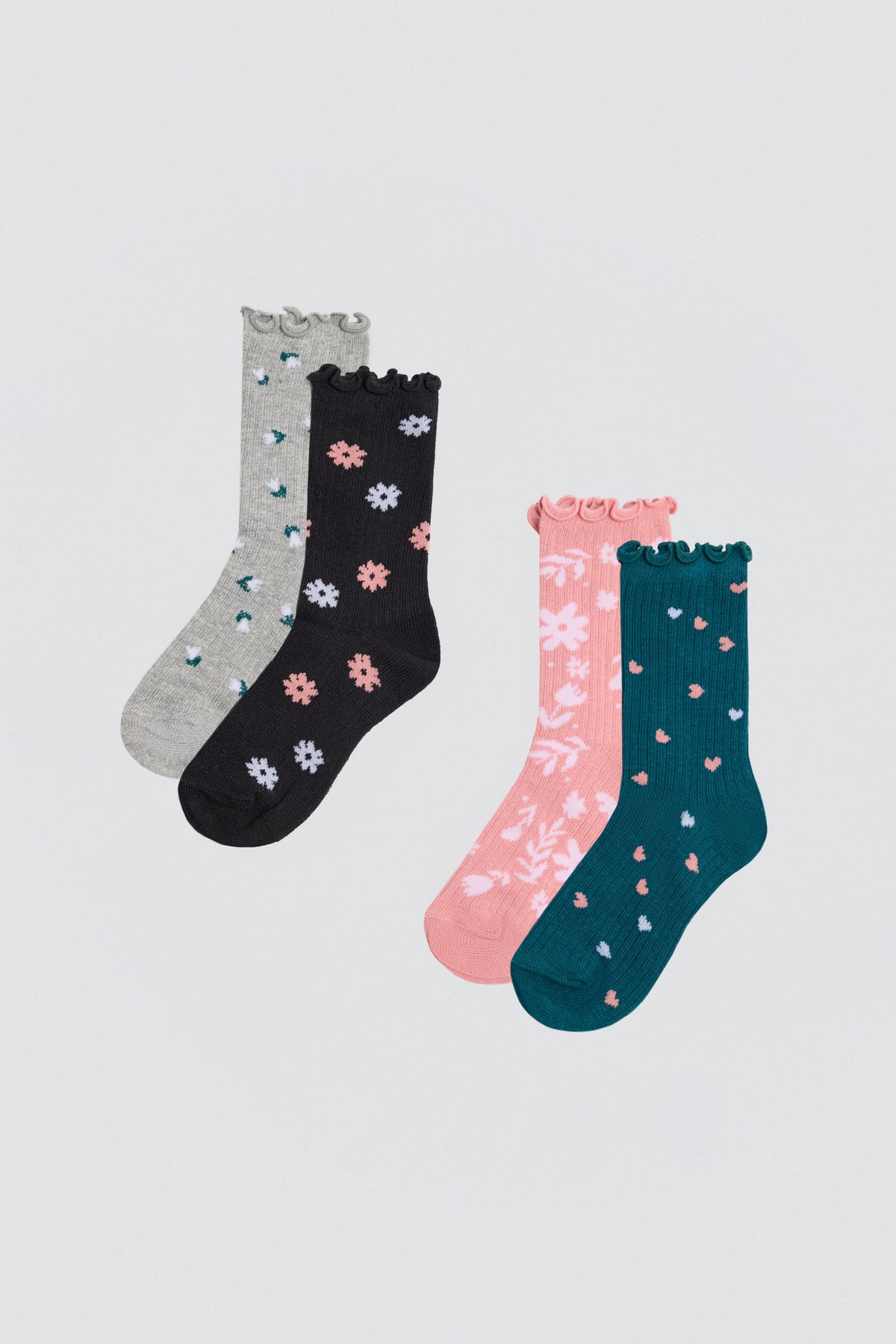 Lot de 4 chaussettes fille bord ondulé imprimé floral