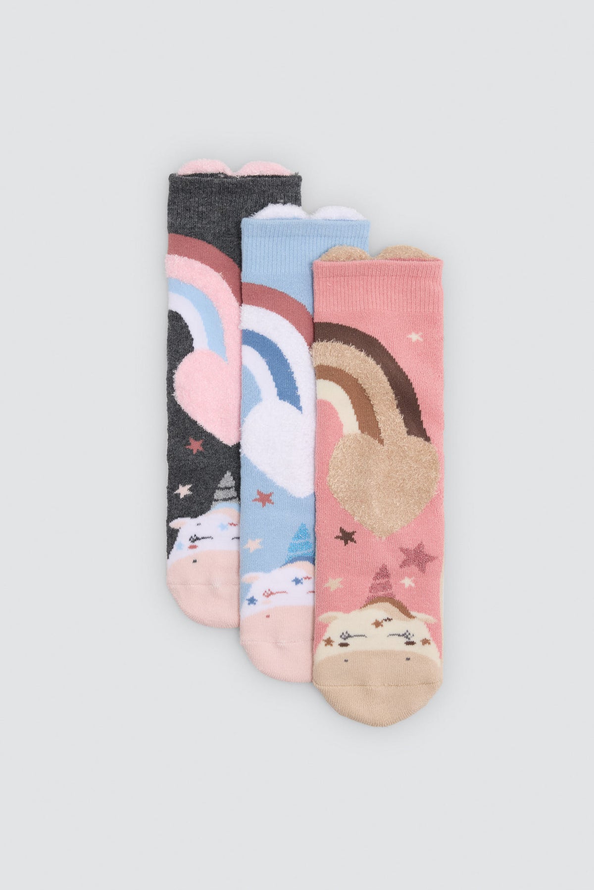 Lot de 3 chaussettes thermiques antidérapantes fille imprimé licornes et arcs-en-ciel
