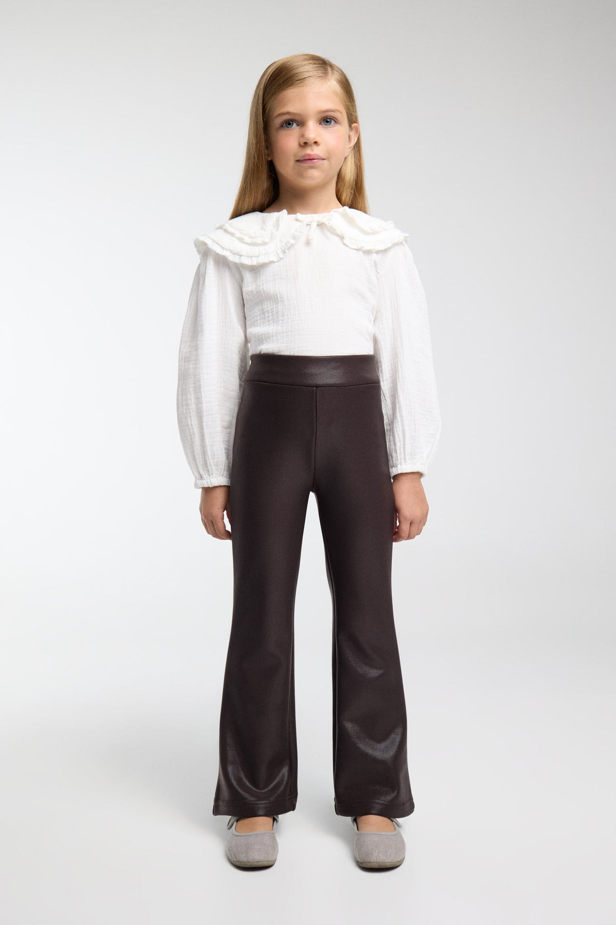 THERMIQUE Pantalon fille chocolat effet cuir évasé et molletonné