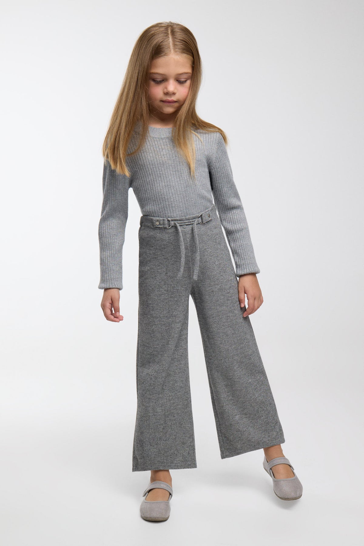 Pantalon large fille gris chiné