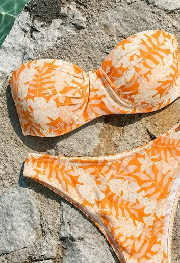 Haut de bikini bandeau jaune en micropiqué à motif de feuilles, bonnet B