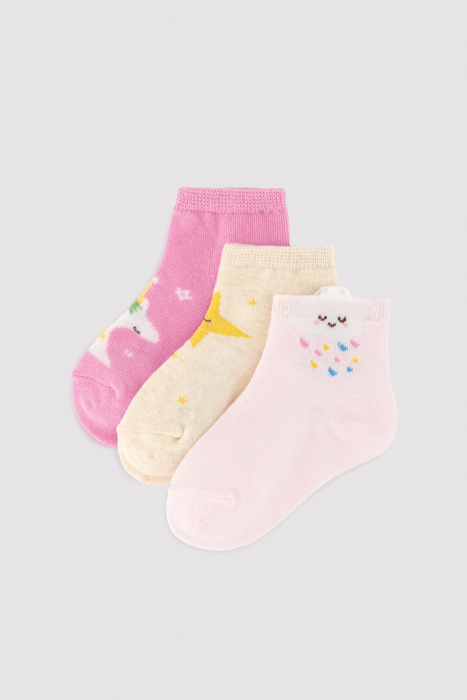 Pack 3 calcetines cortos bebé estampados unicornios y estrellas