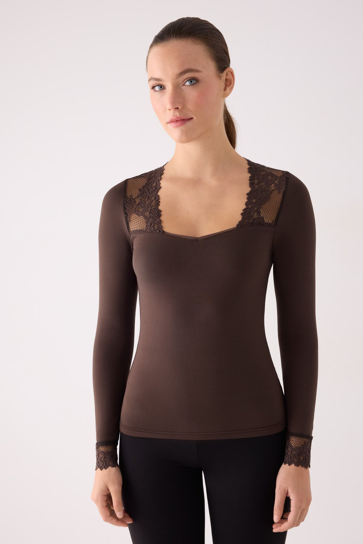 T-shirt THERMAL pour femme, manches longues, col carré, avec dentelle marron