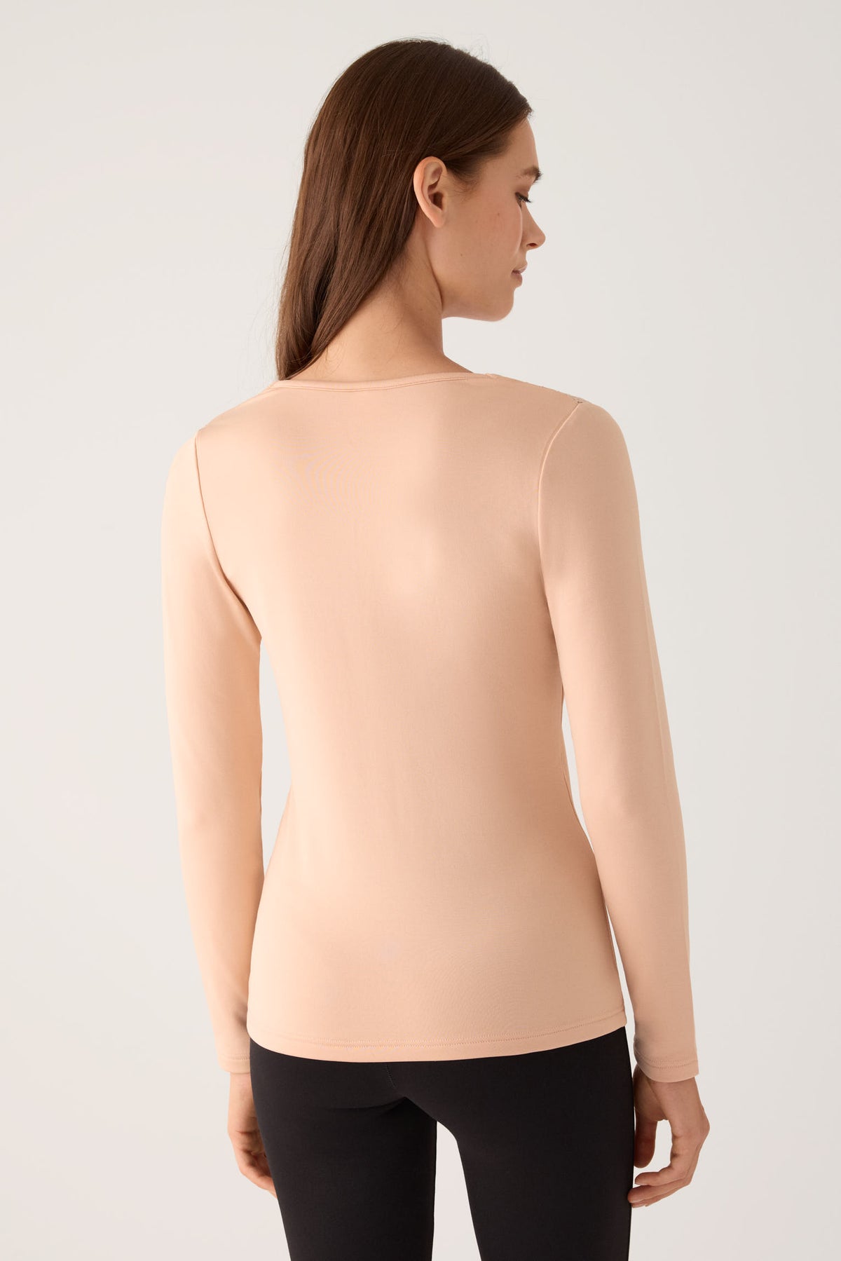 T-shirt à manches longues et col en V pour femme THERMAL avec dentelle couleur chair