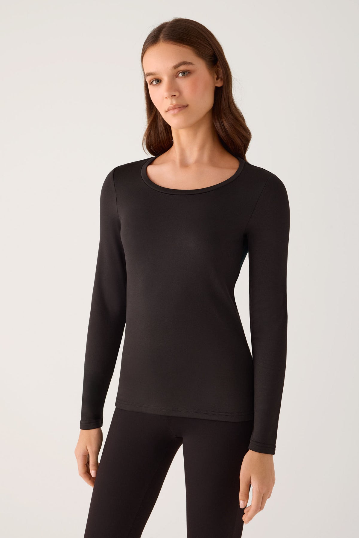 T-shirt noir à manches longues et col rond pour femme THERMAL