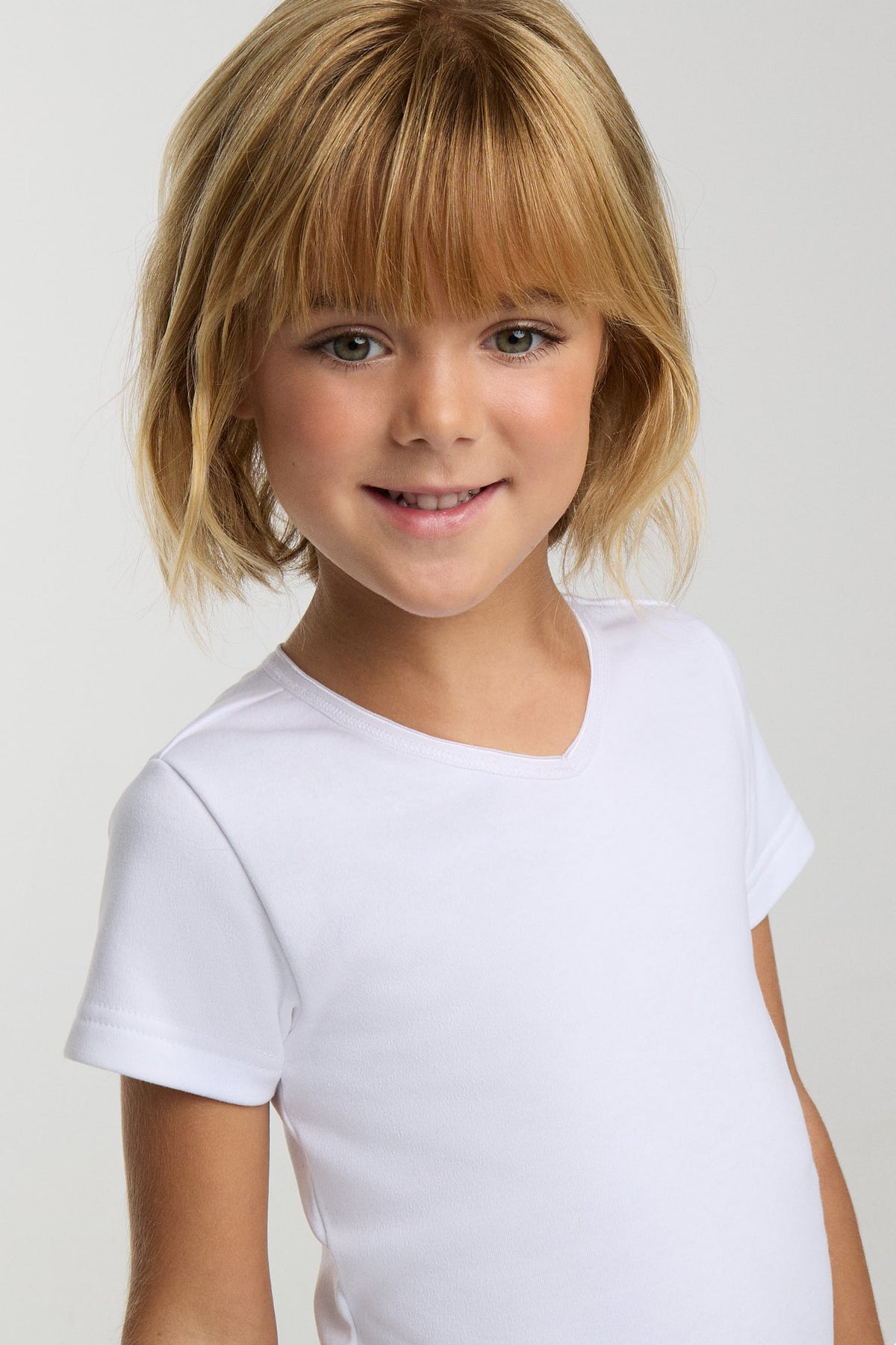 T-shirt thermique léger à manches courtes et col en V pour enfant, blanc