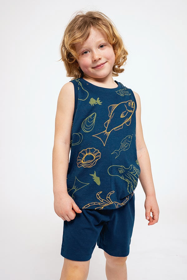 Pyjama enfant à bretelles en coton imprimé poissons | MUYDEMI