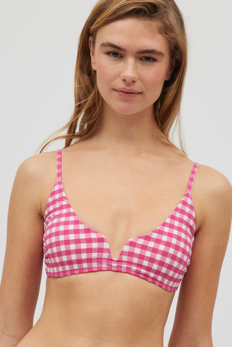 Haut de bikini triangle vichy texture rose