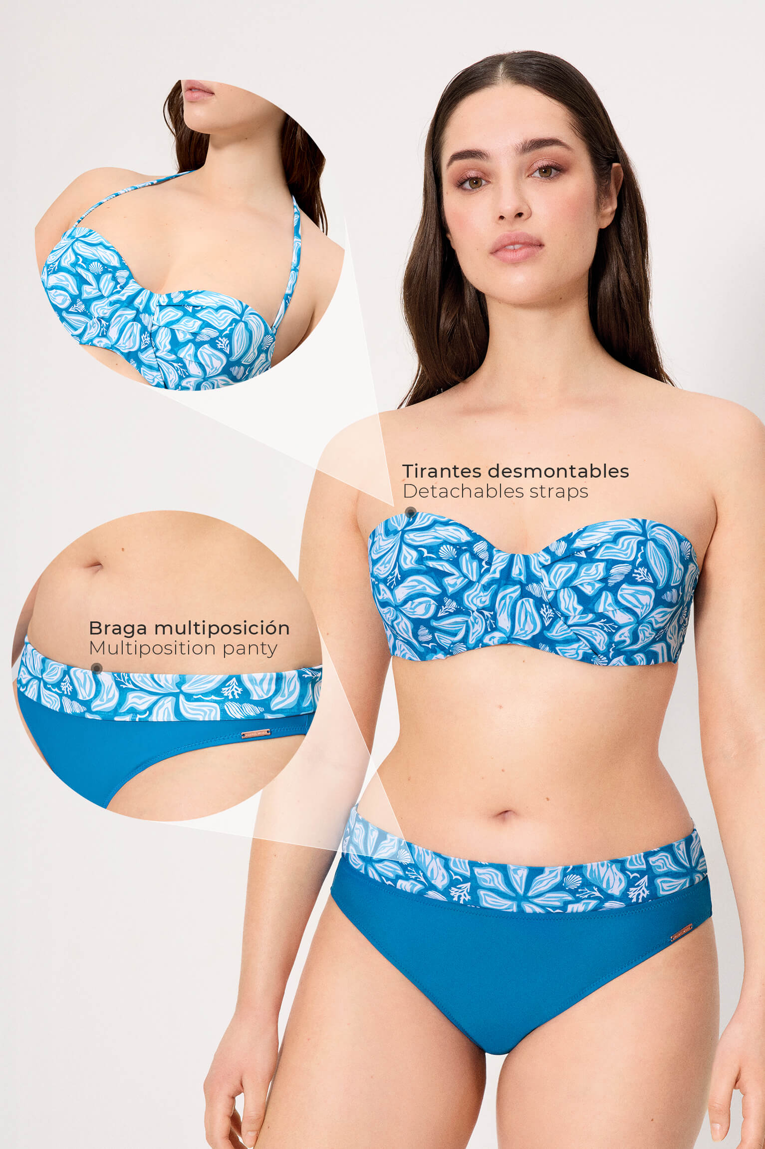 Conjunto de bikini bandeau flores azul copa C - Ysabel Mora