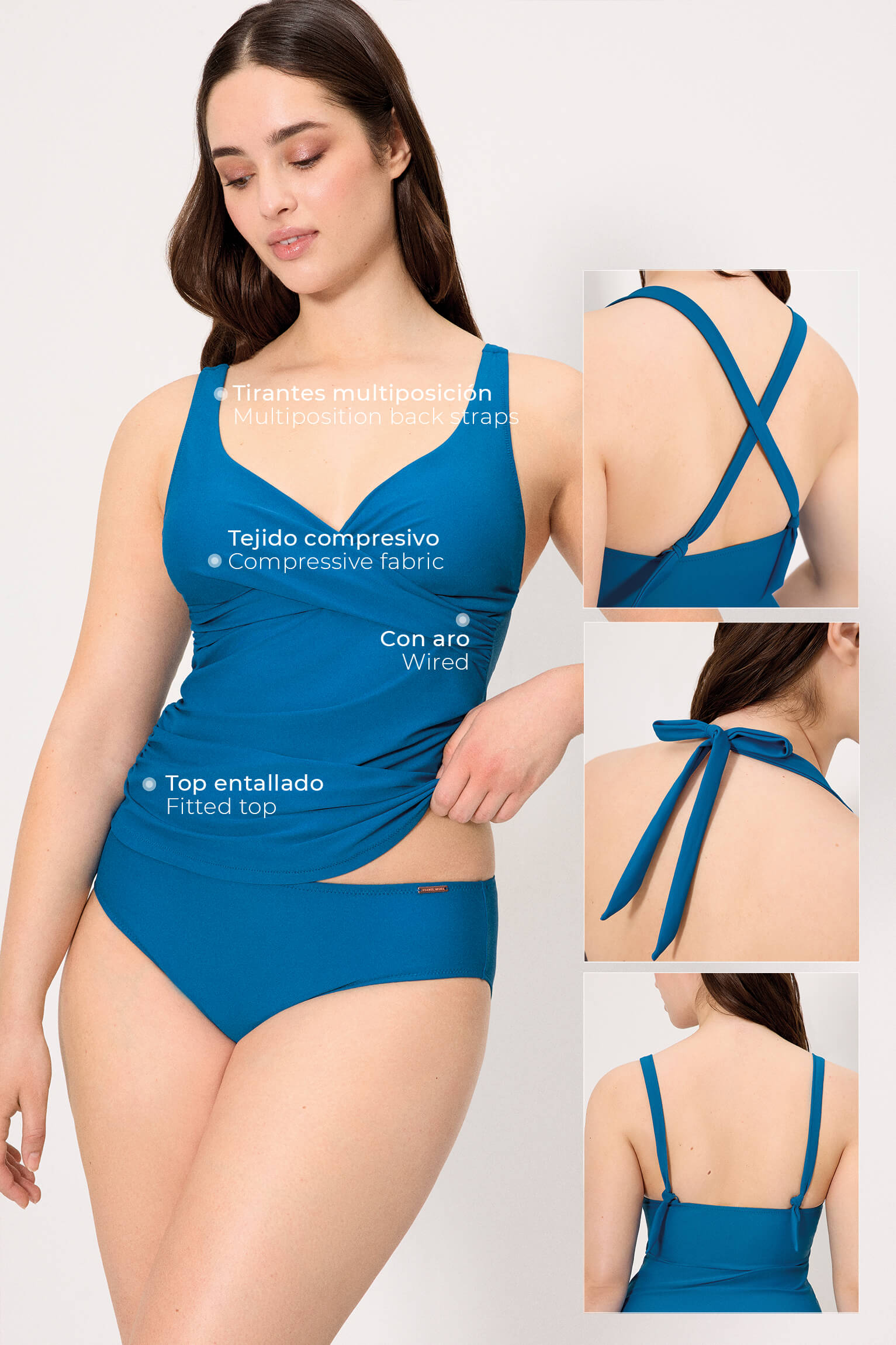 Haut de tankini bleu à armatures et culotte midi, bonnet C