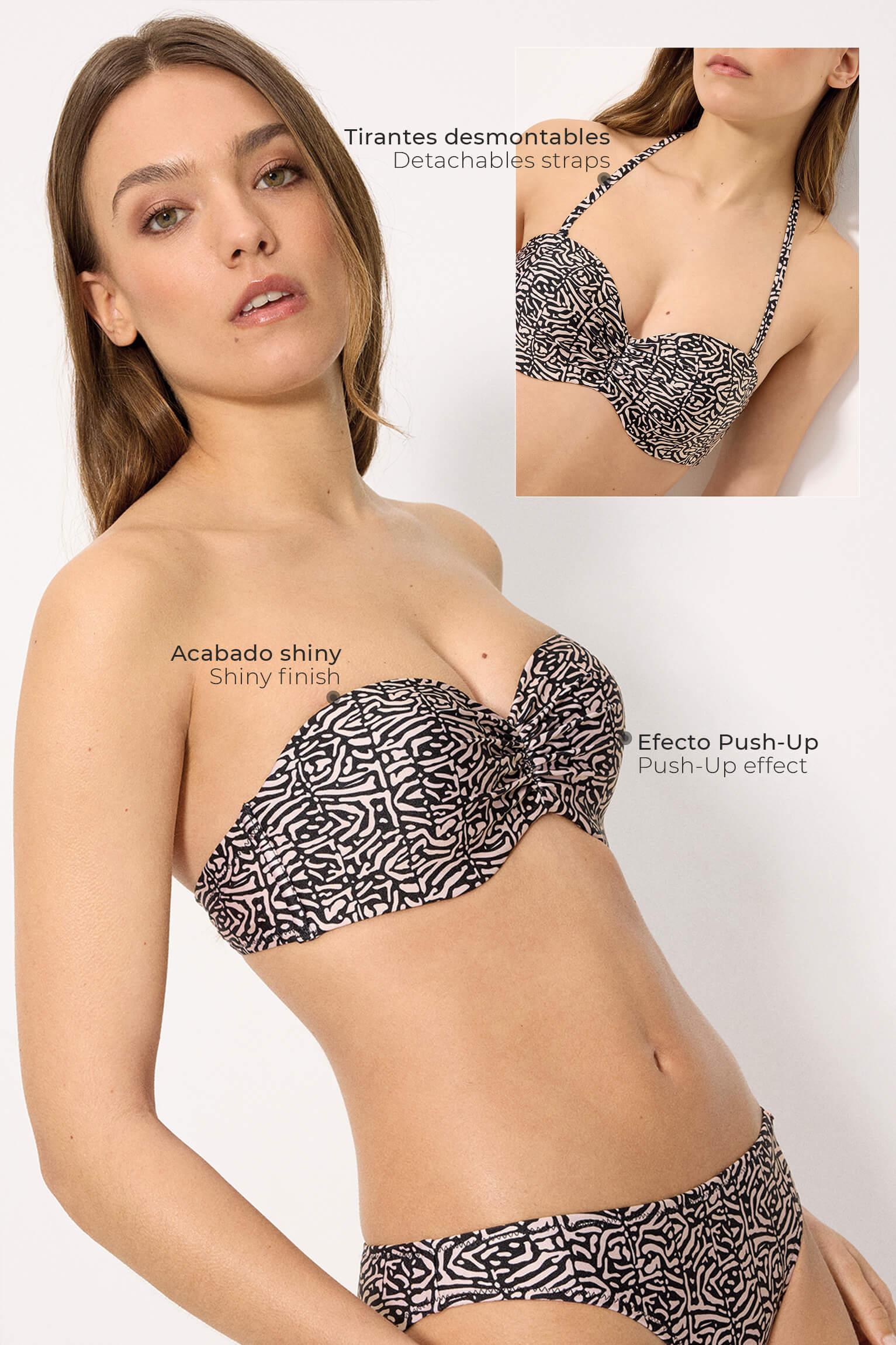 Top bikini bandeau push-up estampado con brillo copa B - Ysabel Mora