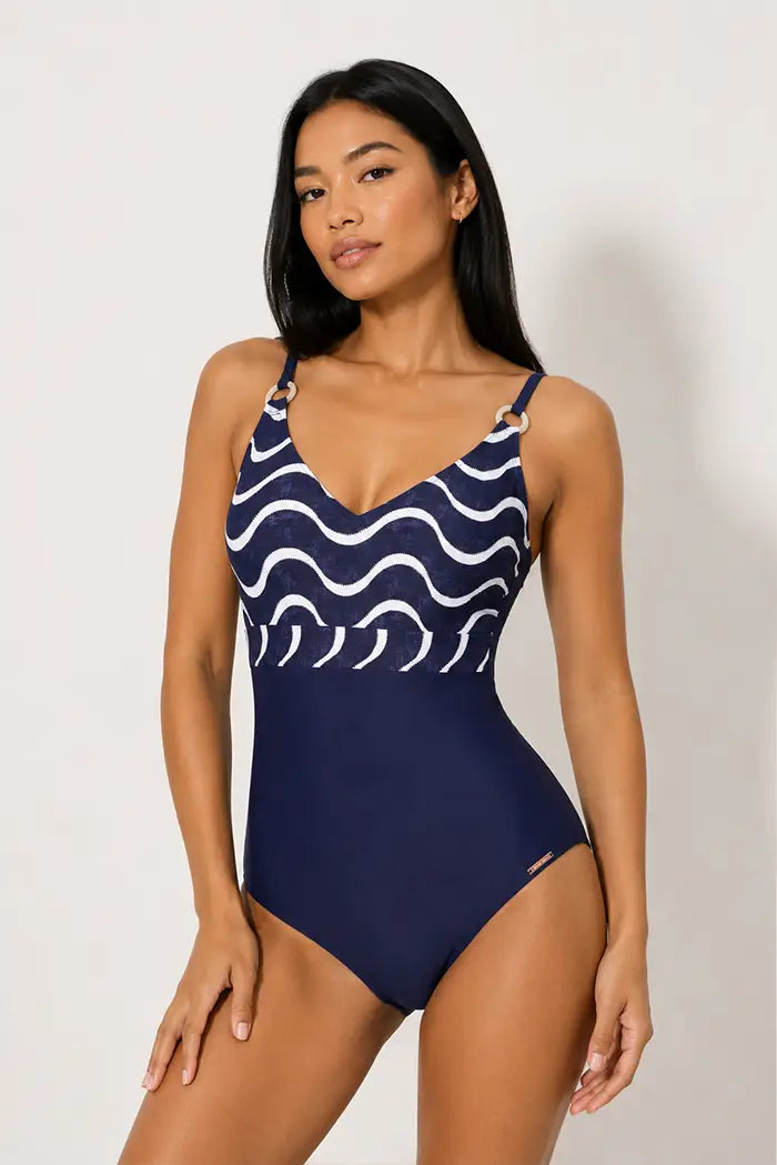 Maillot de bain gainant imprimé vagues marines, bonnet B