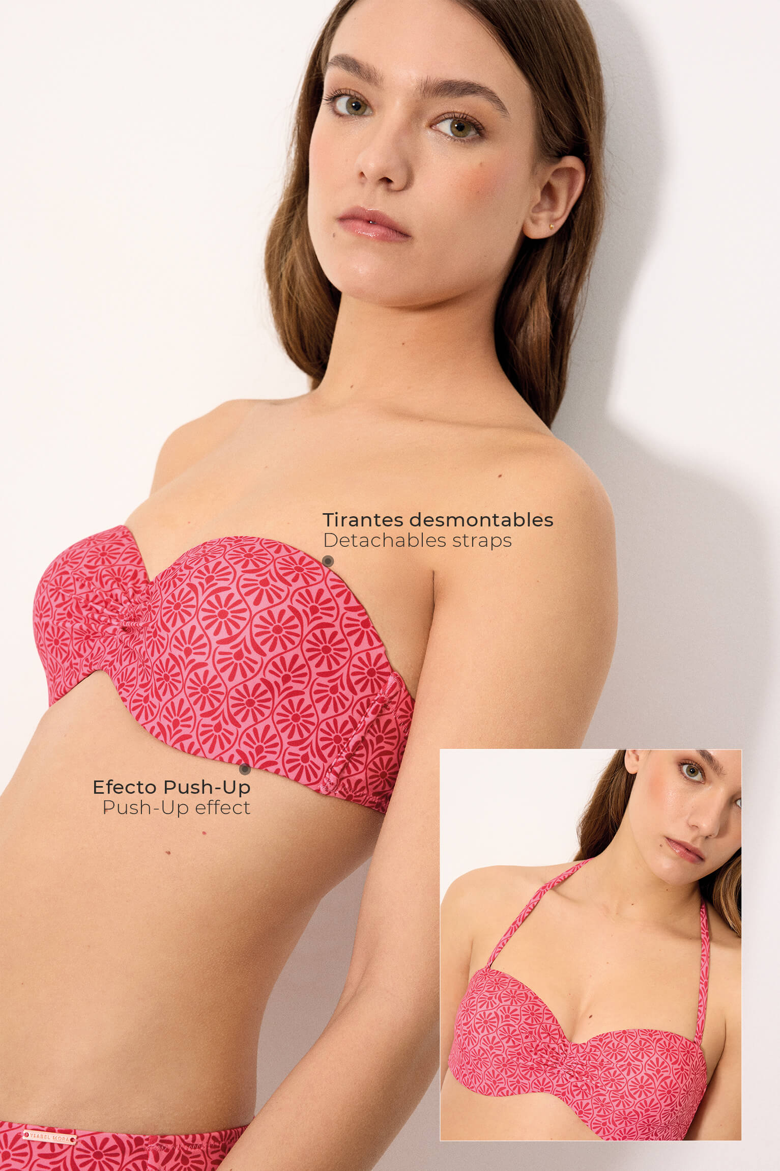 Haut de bikini bandeau push-up à fleurs roses et rouges, bonnet B