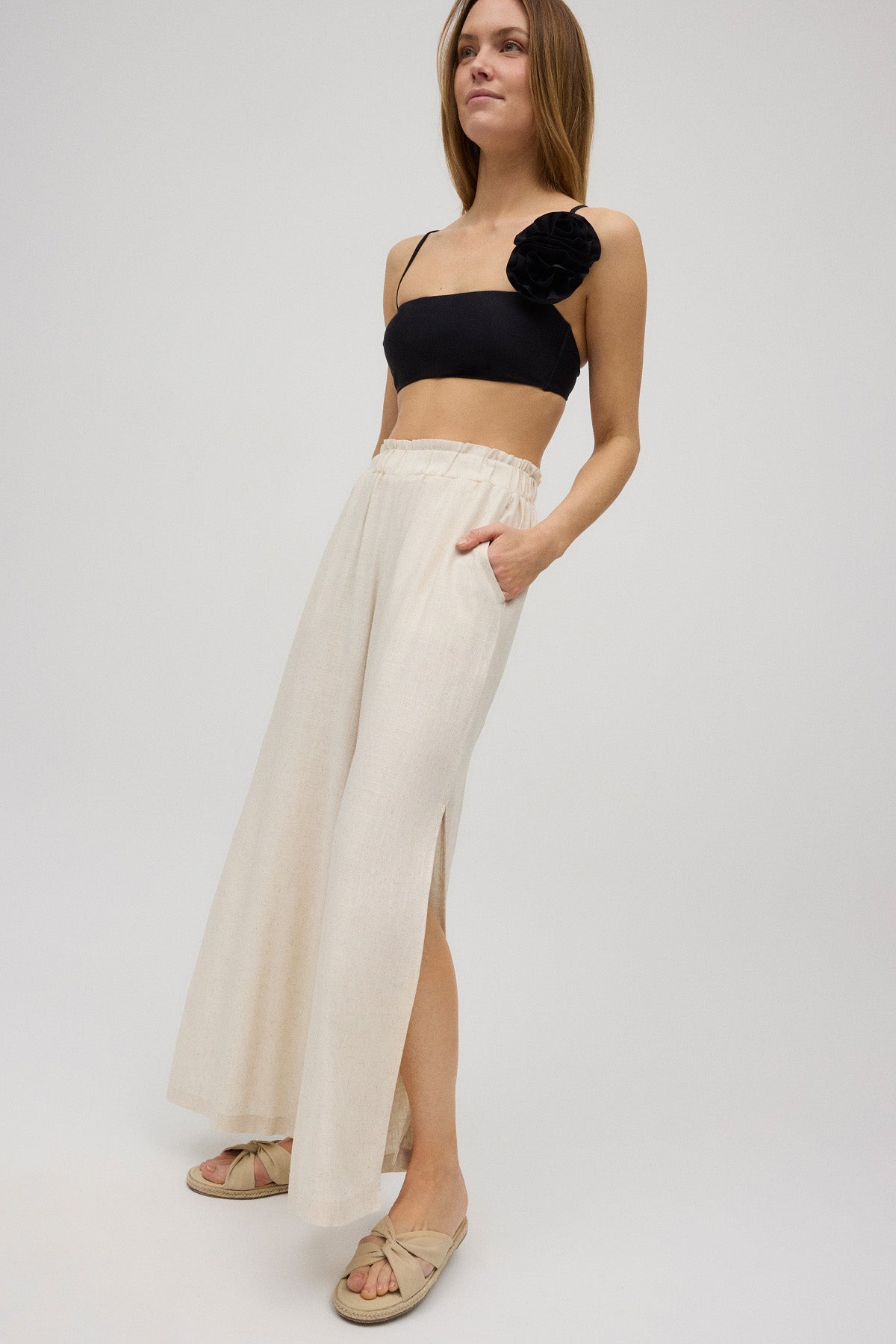 Pantalon large ouverture en lin