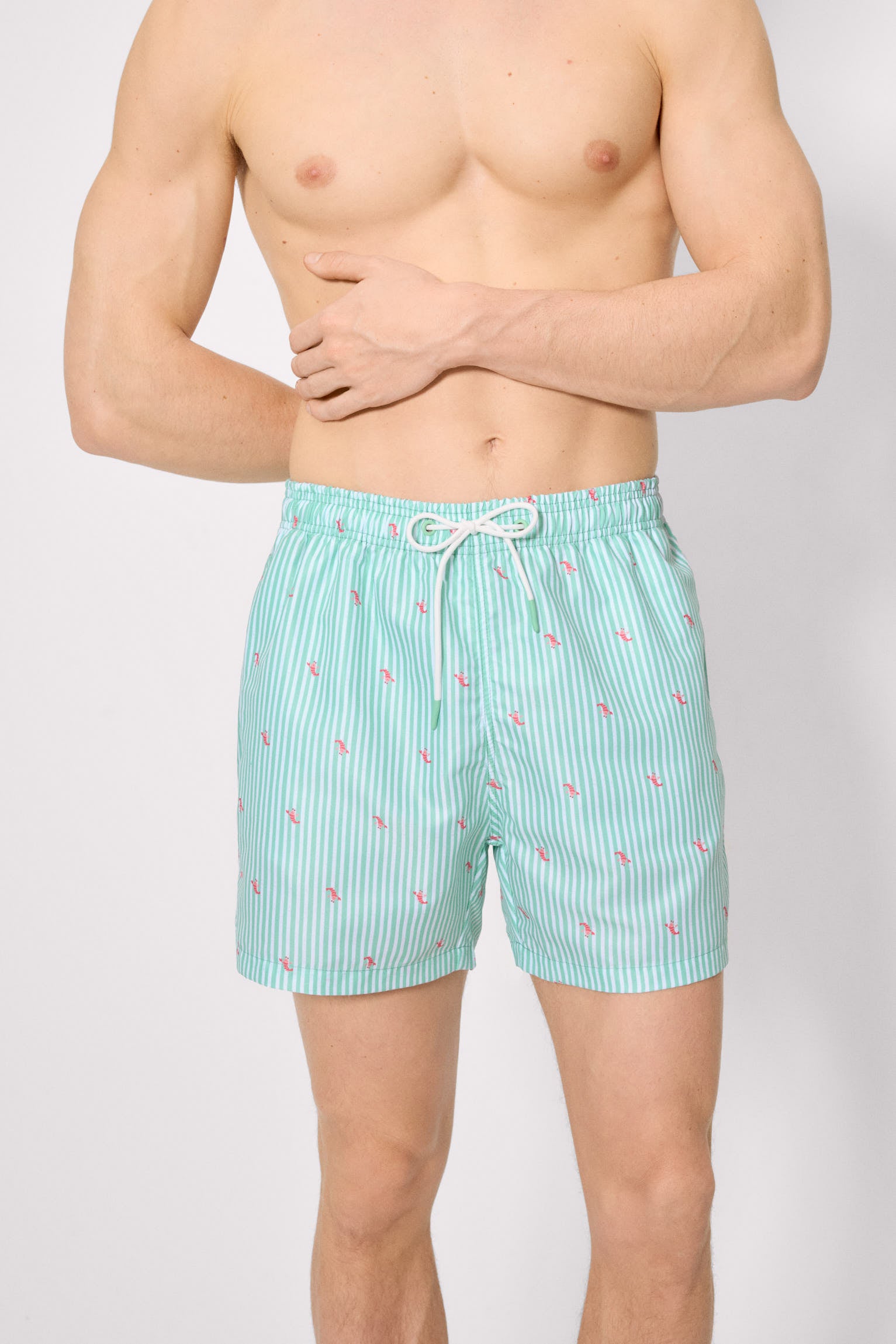 Maillot de bain mi-long vert à rayures et mini homards