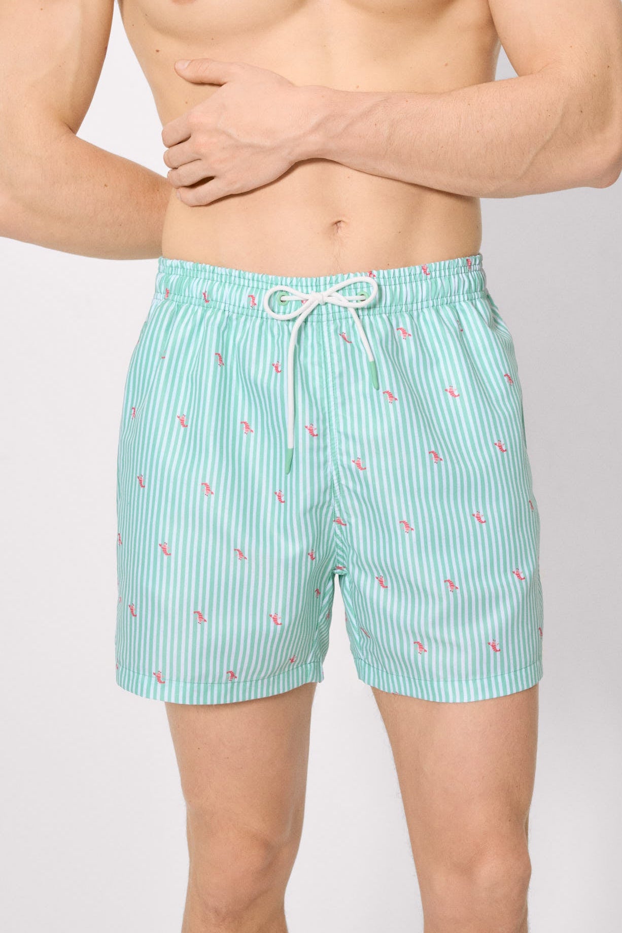 Maillot de bain mi-long vert à rayures et mini homards