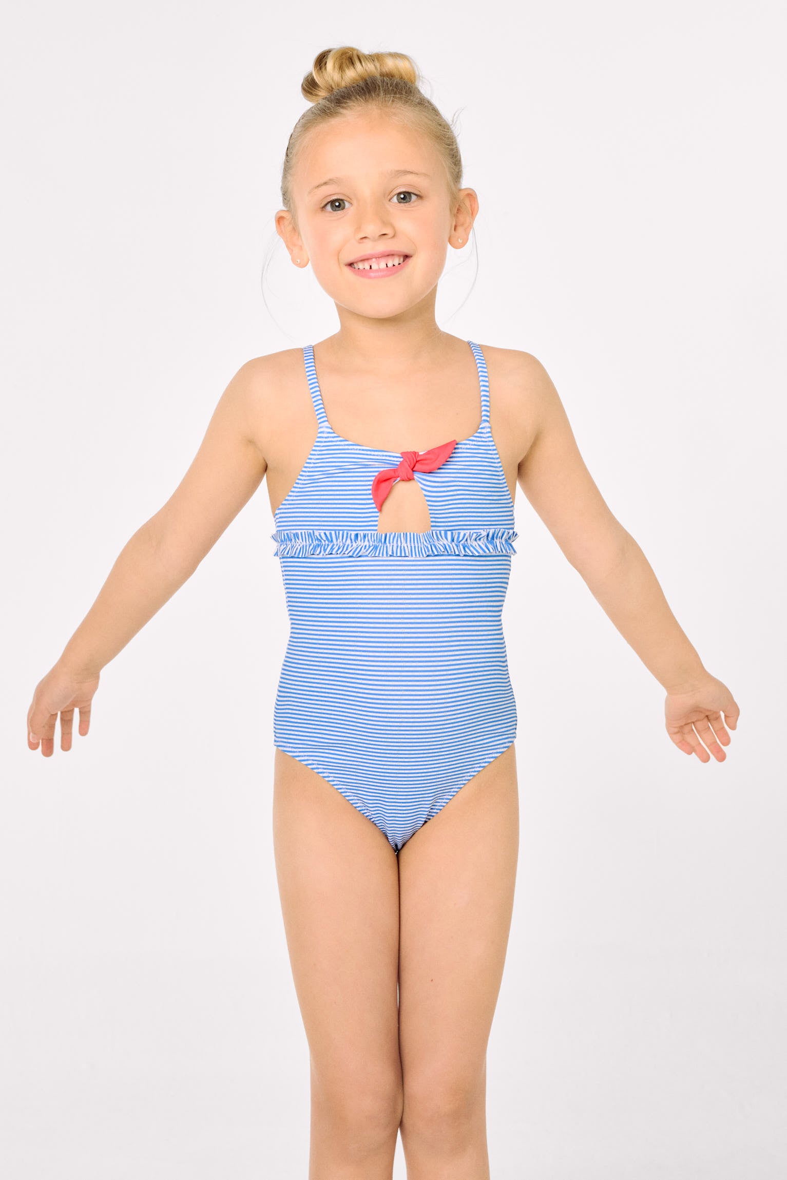 Maillot de bain pour fille avec nœud et volants, imprimé rayé