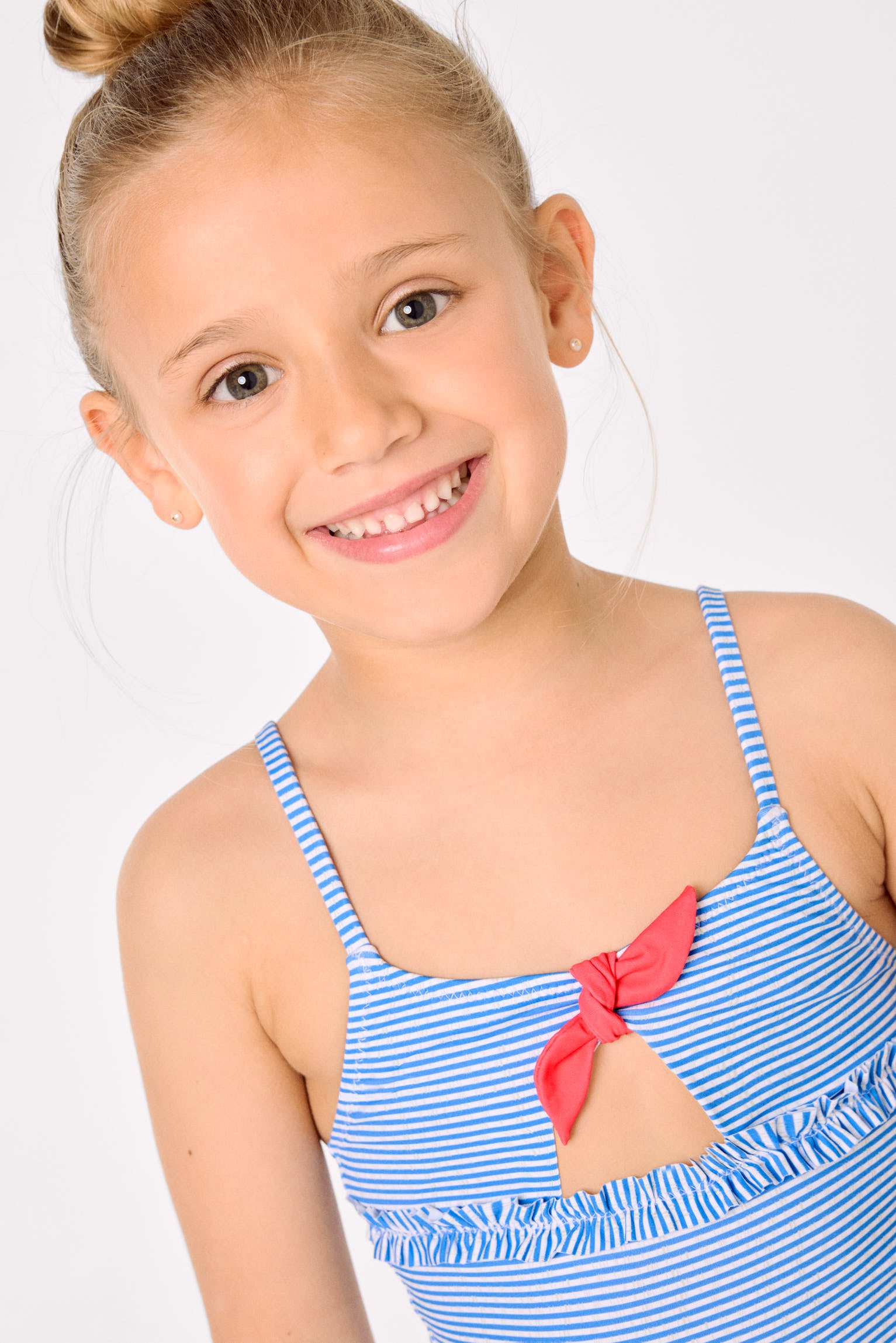 Maillot de bain pour fille avec nœud et volants, imprimé rayé