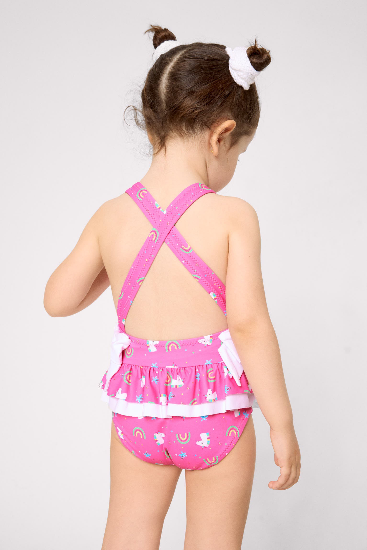 Maillot de bain pour fille avec volants et nœuds, imprimé licorne