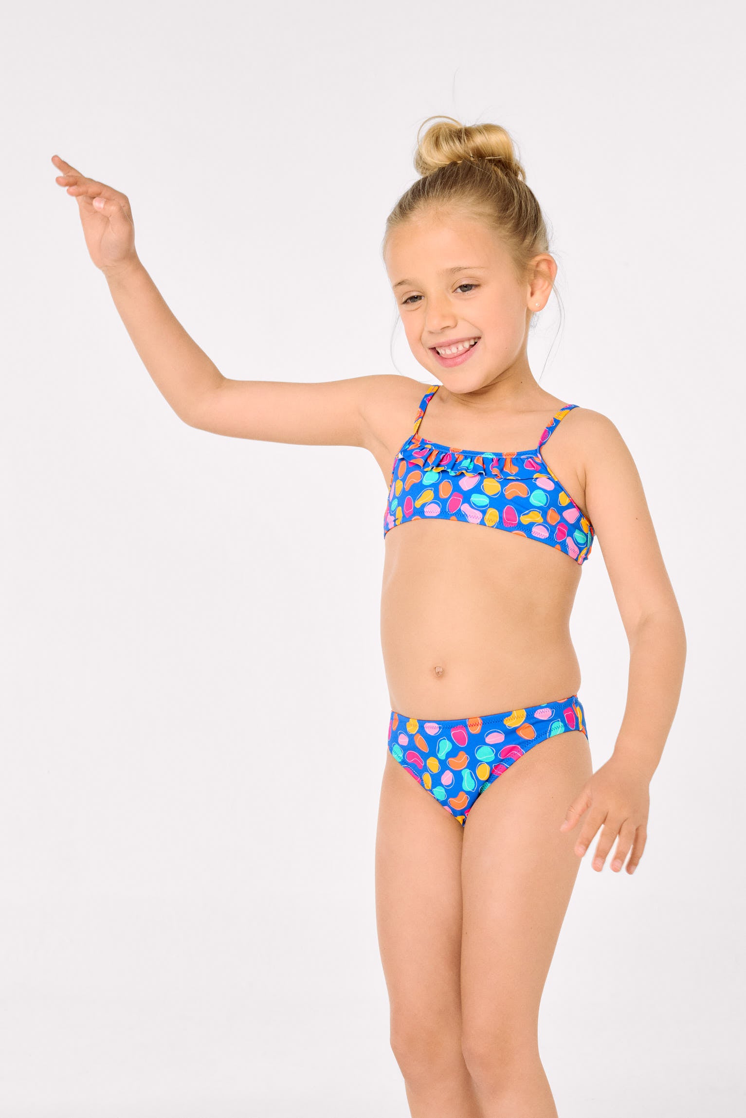 Bikini pour fille avec détails à volants, imprimé multicolore à motifs organiques